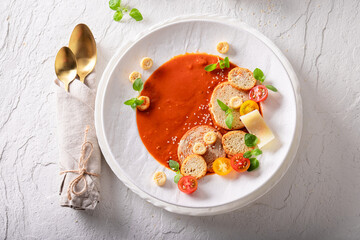 Exclusive tomato soup as elegant and tasteful fine dish.