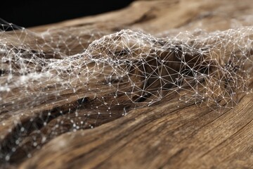 3D digital wireframe mesh overlay on natural wooden texture, abstract fusion of digital geometry and tactile organic material.