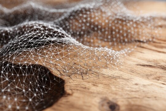 3D digital wireframe mesh overlay on natural wooden texture, abstract fusion of digital geometry and tactile organic material.