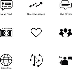(41)Social Media Features Doodle Set &ndash; Black and White Vector Illustrations of News Feed, Group Chat, Live Stream, and Messaging
