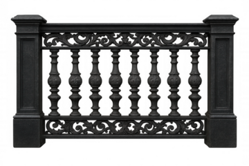 Ornate metal railing with balusters and decorative elements, isolated on transparent background, perfect for architectural visualization