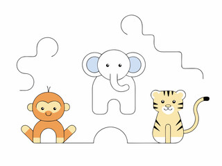 Flat vector illustration of cute jungle animals, minimalist style, clean lines, white background, suitable for Adobe Stock, high resolution”