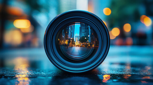 A camera lens reflects a central city street with skyscrapers and offices on a warm evening - a concept of photography, urbanism and creative marketing