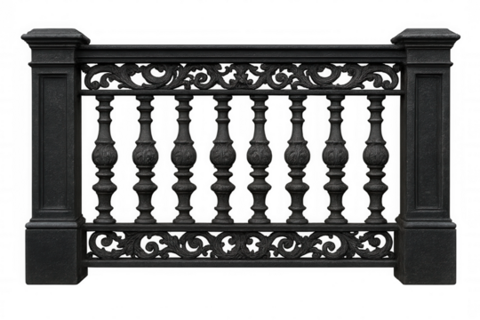 Ornate metal railing with balusters and decorative elements, isolated on transparent background, perfect for architectural visualization