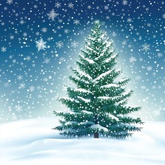A Christmas tree decorated with twinkling lights stands majestically against a dark snowy sky. The sparkling star at the top creates a magical winter atmosphere.