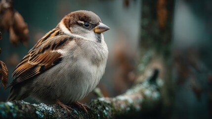Close-Up of a Sparrow Perched on a Branch in Natural Habitat During Day