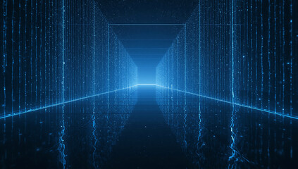 Abstract futuristic digital tunnel with glowing blue lines and reflections representing technology and data flow