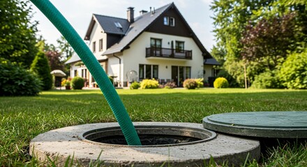 Green hose entering open septic tank manhole for emptying process. Residential house in background with green lawn. Wastewater treatment service concept.