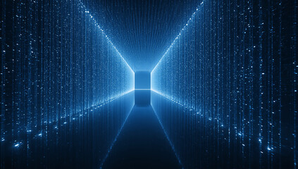 Abstract futuristic glowing blue digital data tunnel with light streaks and particles representing technology and cyberspace