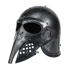 An ancient metal helmet with a longed snout and large eye openings, featuring rivets and a weathered texture, Ideal for Halloween party invitations and seasonal graphics.