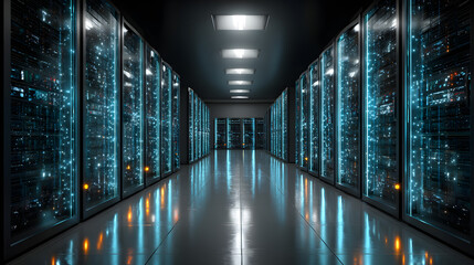 Server room with rows of servers and blue glowing lihts, depicting digital dat and information transfer.