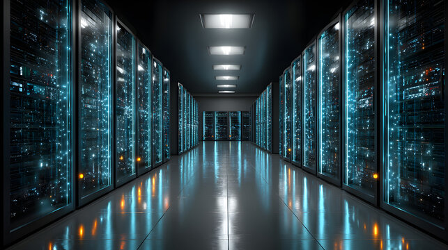 Server room with rows of servers and blue glowing lihts, depicting digital dat and information transfer.