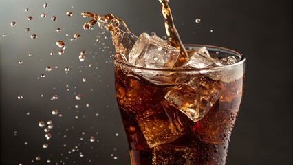 Refreshing Cola Drink with Ice Cubes and Splashes on Dark Background