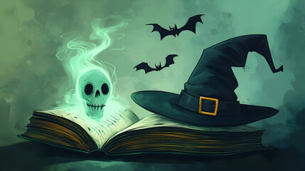 Whimsical halloween scene with spooky skull, bats, and witch hat on mystical book