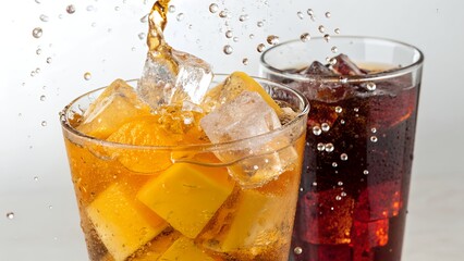 Refreshing carbonated drinks being poured into glasses with ice, creating an invigorating splash