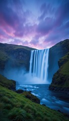 Fototapeta premium Powerful Waterfall Cascading into a River at Dusk standard