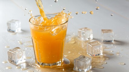 Refreshing Orange Juice Splash with Ice Cubes