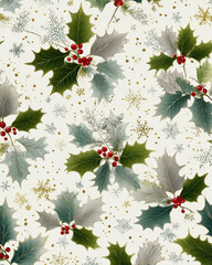 Festive holly leaves and red berries create joyful holiday pattern with snowflakes on light background, perfect for Christmas themed designs