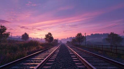 Fototapeta premium Stunning Sunrise Landscape: Railroad Tracks at Dawn