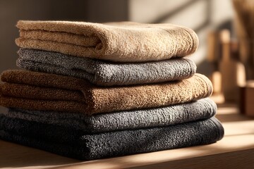 Plush, soft stacked towels in warm earthy tones create a cozy, inviting bathroom aesthetic.