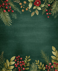 Festive green background with red and gold floral decorations, featuring pine branches and berries, creating holiday themed border. design is elegant and suitable for seasonal greetings