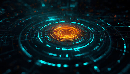 Abstract glowing futuristic digital interface with concentric circles and vibrant orange energy core
