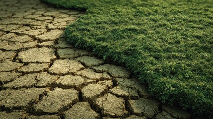 Contrast of Dry Cracked Soil and Lush Green Grass Landscape