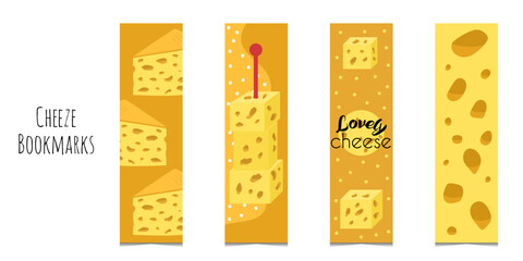 Set of cute bookmarks in cheese style. Rectangular hand drawn bookmarks with cheese holey texture, pieces, canapes and emblem. Printable set isolated on white background. Flat illustration style.