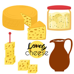Set cheese with holes elements. Big round cheese, piece, cheese canape, round cheese in jar with vegetable oil and spices, clay jug with milk. Hand drawn clip arts in flat style. Isolated on white.