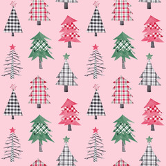 Christmas seamless pattern hand drawn by watercolour. Christmas trees decorated with Buffalo pattern. Isolated on white background. Christmas, New Year design for textile, fabric, wrapping paper
