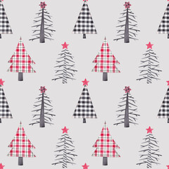 Christmas seamless pattern hand drawn by watercolour. Christmas trees decorated with Buffalo pattern. Isolated on white background. Christmas, New Year design for textile, fabric, digital paper