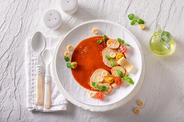 Exquisite tomato soup in exclusive restaurant made by the chef.