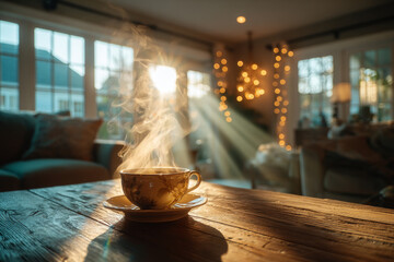 Obraz premium A cup of coffee steaming on a wooden table in a room decorated with garlands.
