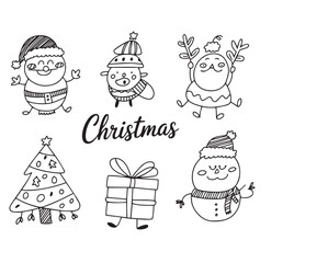 Christmas santa illustration elements vector line drawing set isolated on a white background