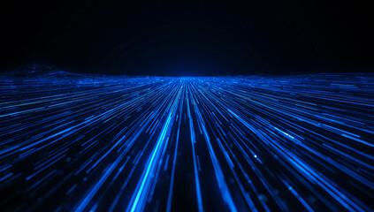 Naklejka premium Abstract digital network grid with glowing blue light trails receding into darkness representing data flow