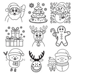 Christmas santa illustration elements vector line drawing set isolated on a white background