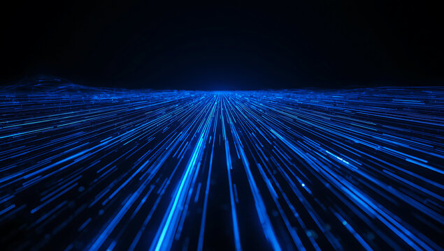 Abstract digital network grid with glowing blue light trails receding into darkness representing data flow