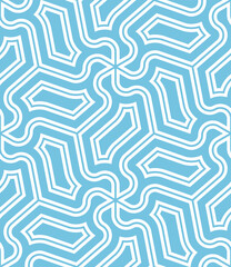 Seamless repeating pattern with a simple and elegant mosaic design of geometric shapes and lines in light blue on a white background. Vector illustration for wallpaper, fabric, textile, and wrapping.