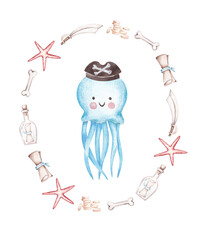 Pirate frame with octopus hand drawn with watercolor. Cute kids illustration in cartoon style. Design elements for birthday card, banner, invitation
