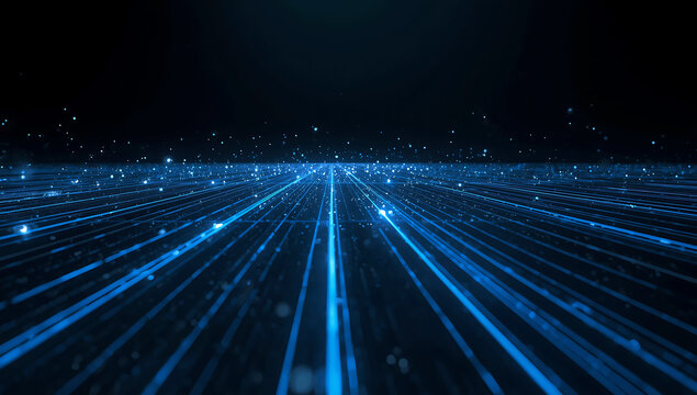 Abstract digital network of glowing blue light trails moving forward on a dark background representing data flow