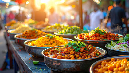 Obraz premium Indian street food displayed in metal bowls at outdoor market stall