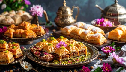 Fototapeta premium Delicious Baklava Pastries with Nuts and Flowers
