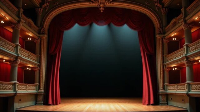 CGI Old opera house with ornate decor and an empty stage awaits