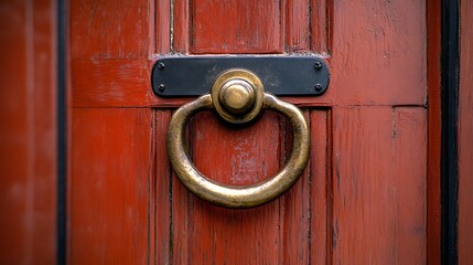 Fototapeta premium Antique Brass Door Knocker on Textured Red Wooden Door with CloseUp Detail.