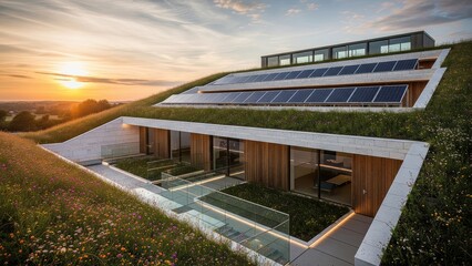 Obraz premium Eco-friendly modern home with solar panels and green roof integrated into natural hillside at sunset