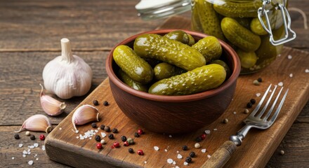 Rustic Pickled Cucumbers and Gherkins in Bowl and Jar with Garlic and Spices – Homemade Food Photography 