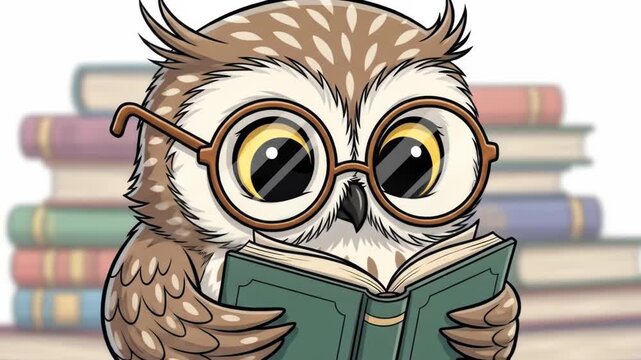 A cartoon owl with glasses, deeply engrossed in a green book, with closed eyes, against a blurred stack of books