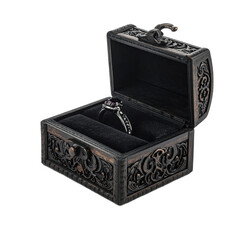 An ornate, antique looking metal box with intricate floral engravings, housing a sparkling ring with a large central stone. Great for eerie Halloween posters and festive layouts.