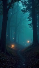 Eerie, glowing orbs float near the ground in a dark, shadowy forest, creating an otherworldly, mystical atmosphere Perfect for fantasy, horror, or paranormal projects , ignis fatuus, spirit light
