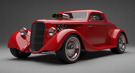 Classic red hot rod car with chrome engine isolated on white background